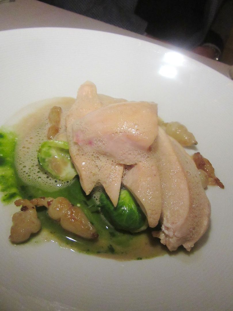 Once the hay-scented chicken has been liberated from its cocotte, the kitchen tends to slicing.