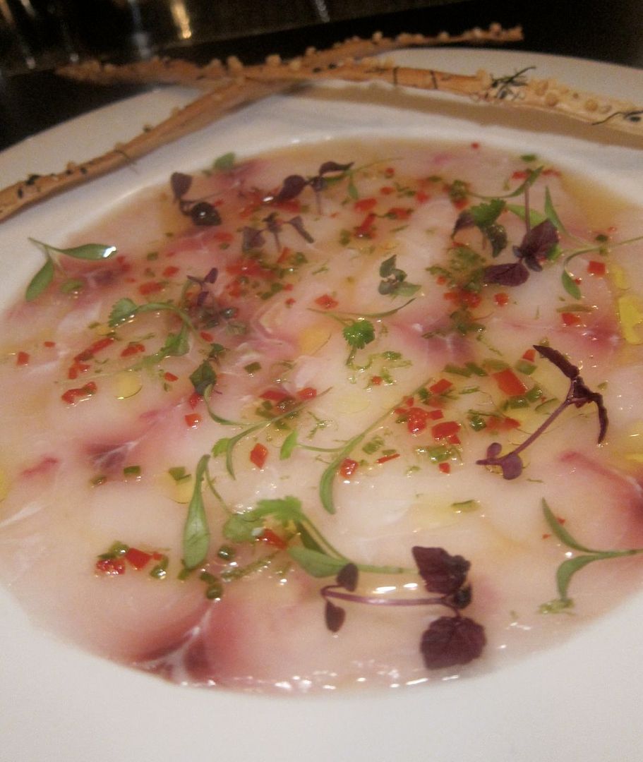 Black bass carpaccio with fennel oil, chili lime and seeded sticks of lavosh.